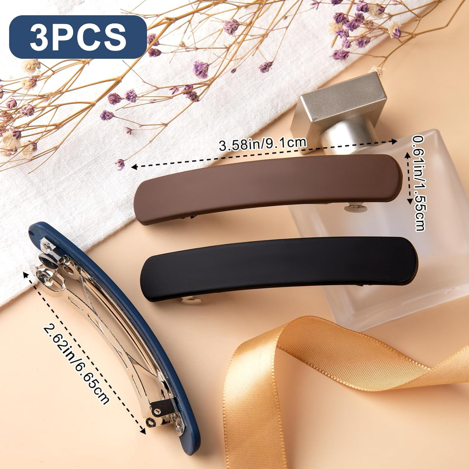 YHRY 3PCS Hair Barrettes for Women, Matte Medium French Clips for Girls Thin Fine Flat Short Hair Styling Vintage Hair Pins Accessories (Black Navy Brown)