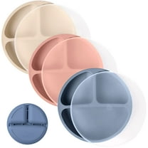 WeeSprout Toddler Plates, Silicone Divided Dishes for Kids, BPA-Free, 3 Pack, Blue/Pink/Off White
