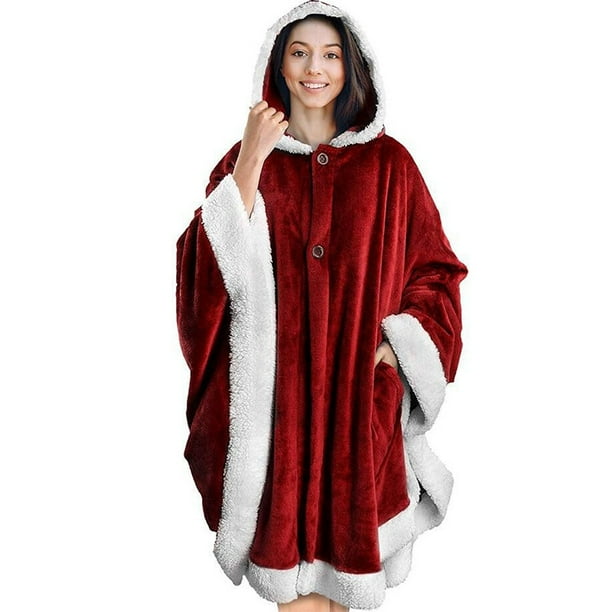 Angel Wrap Hooded Blanket Poncho Blanket Wrap with Soft Sherpa Fleece Wearable Blanket Throw Gift with Hood Pockets Cape Plush Warm Shawl Cozy Gifts for Women Wife Wine Walmart
