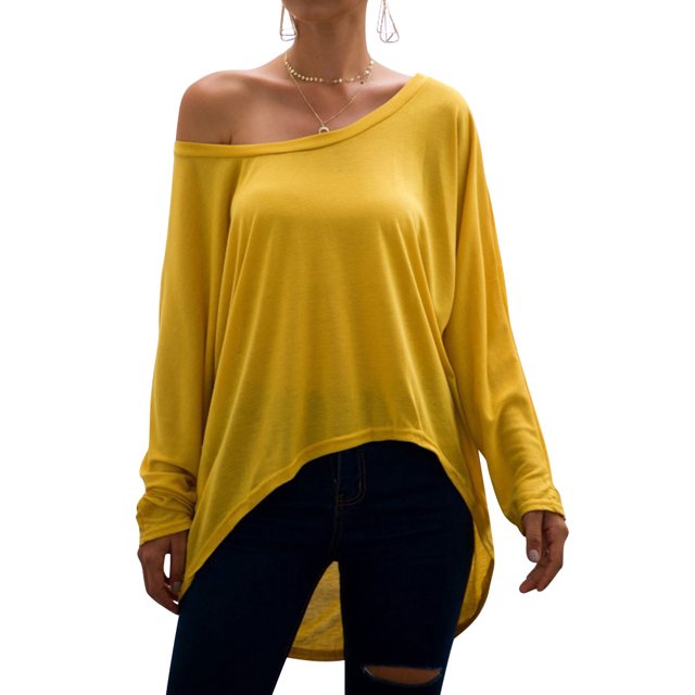 T-shirt Ample à Manches Longues pour Femmes, Col Rond, Ourlet Asymétrique, Couleur Unie
