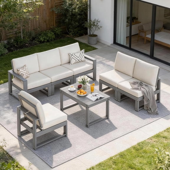 HDPE 7-Piece L Shaped Patio Sectional Conversation Set, 6-Seat Outdoor Sofa with Cushions for Porch Deck Backyard, Grey