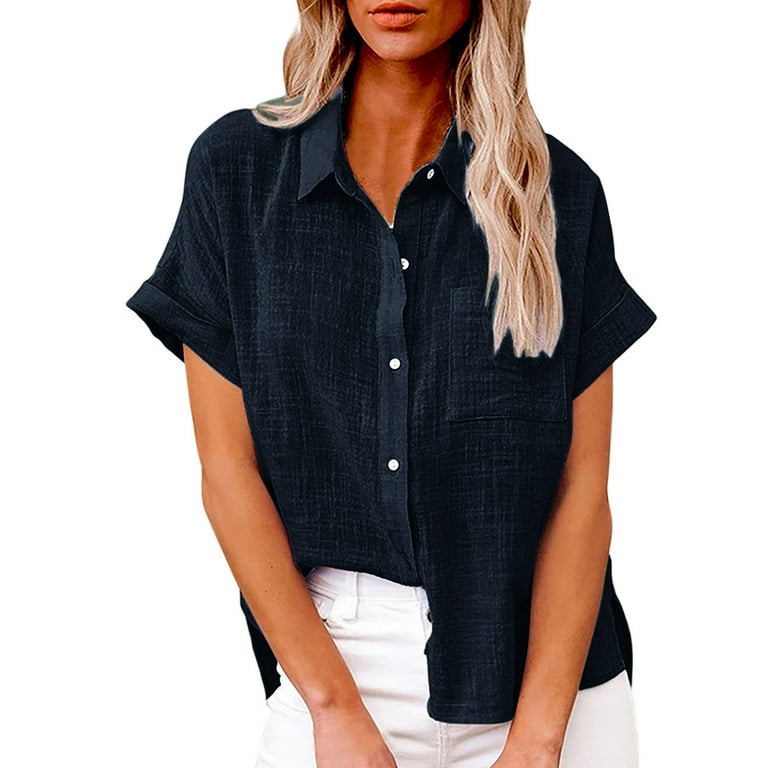 Womens Gauze Shirts Linen Shirts for Women Plus Size Short Sleeve Button Down Shirts Dressy Casual V Neck Collared Tops Blouses Pocket Walmart