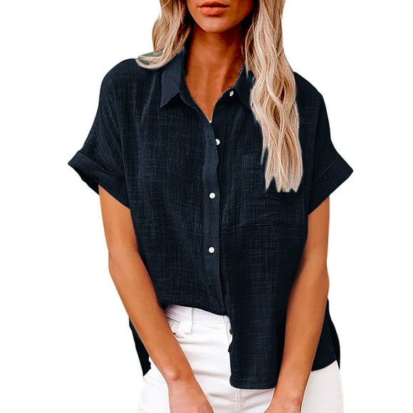 yoeyez Womens Cotton Linen Button Down Shirts,Summer Short Sleeve Tops for Women Loose Fit Collared Linen Work Blouse Tops Solid Basic Tees With Pocket Deals of Today Prime Navy M