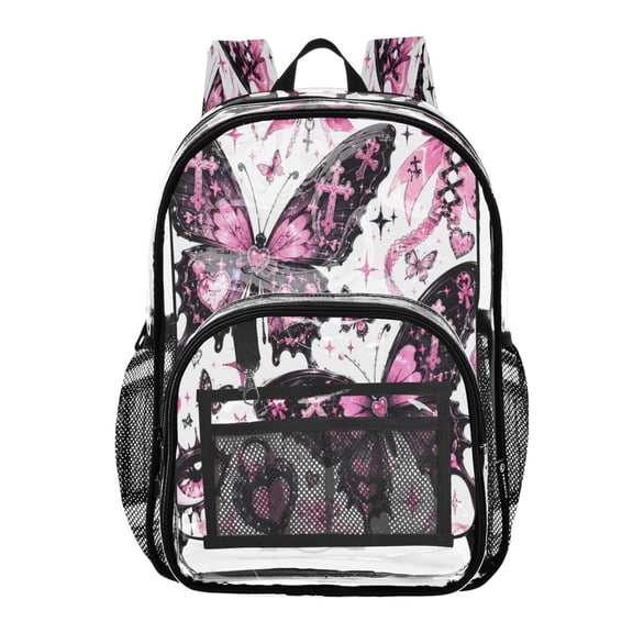 PVC Transparent Backpacks Clear Backpack for Travel and Outings Large Butterfly in Black and Pink Tones