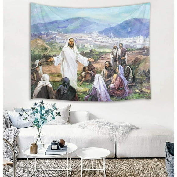Christian Wall Tapestry Jesus Christ and Believers on Mountain Wall Hanging Religious Tapestries for Bedroom Living Room Dorm Decor,60Wx40H inches