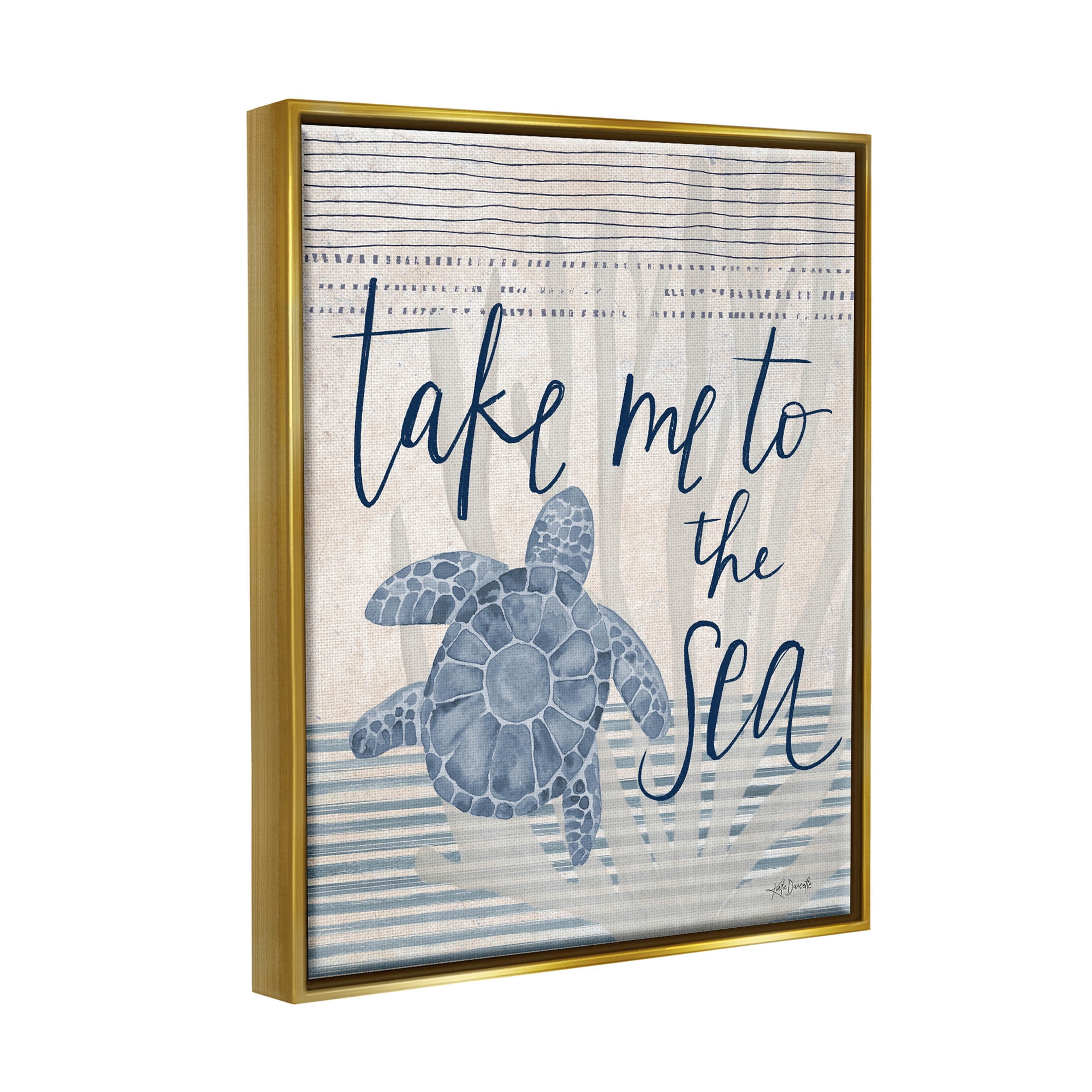 Stupell Industries Take Me To Sea Patterned Turtle Stripes Graphic Art Metallic Gold Floating Framed Canvas Print Wall Art, Design by Katie Doucette