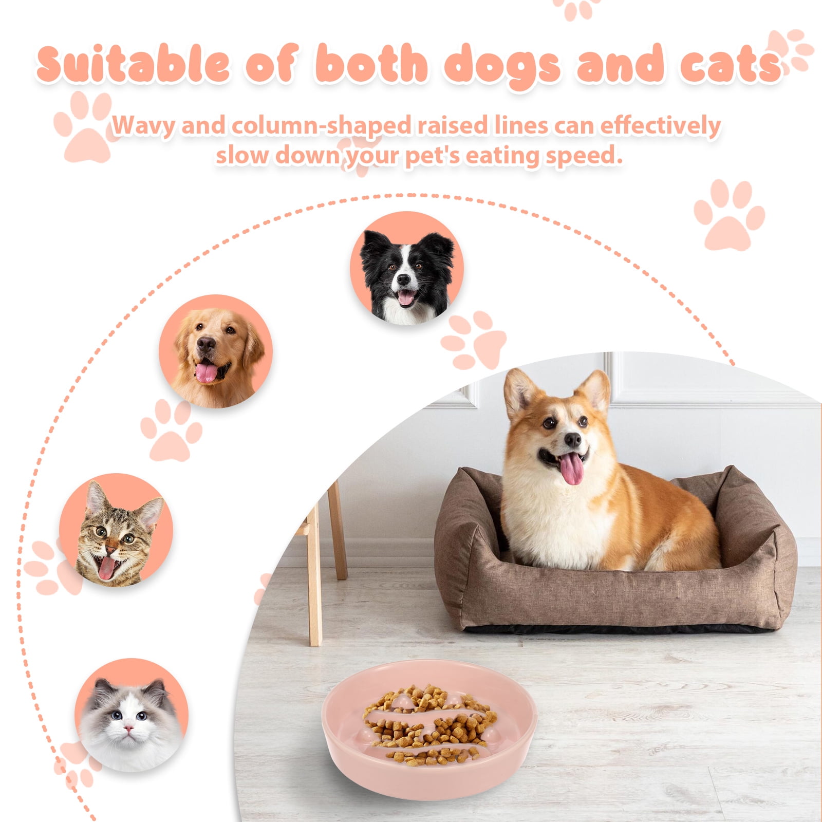 Threns 2 Pcs Practical Cat Slow Feeder Bowl Smooth Ceramic Cat Food Bowl Slow Feeder with Nonslip Bottom for Kitten Puppy Small Pet