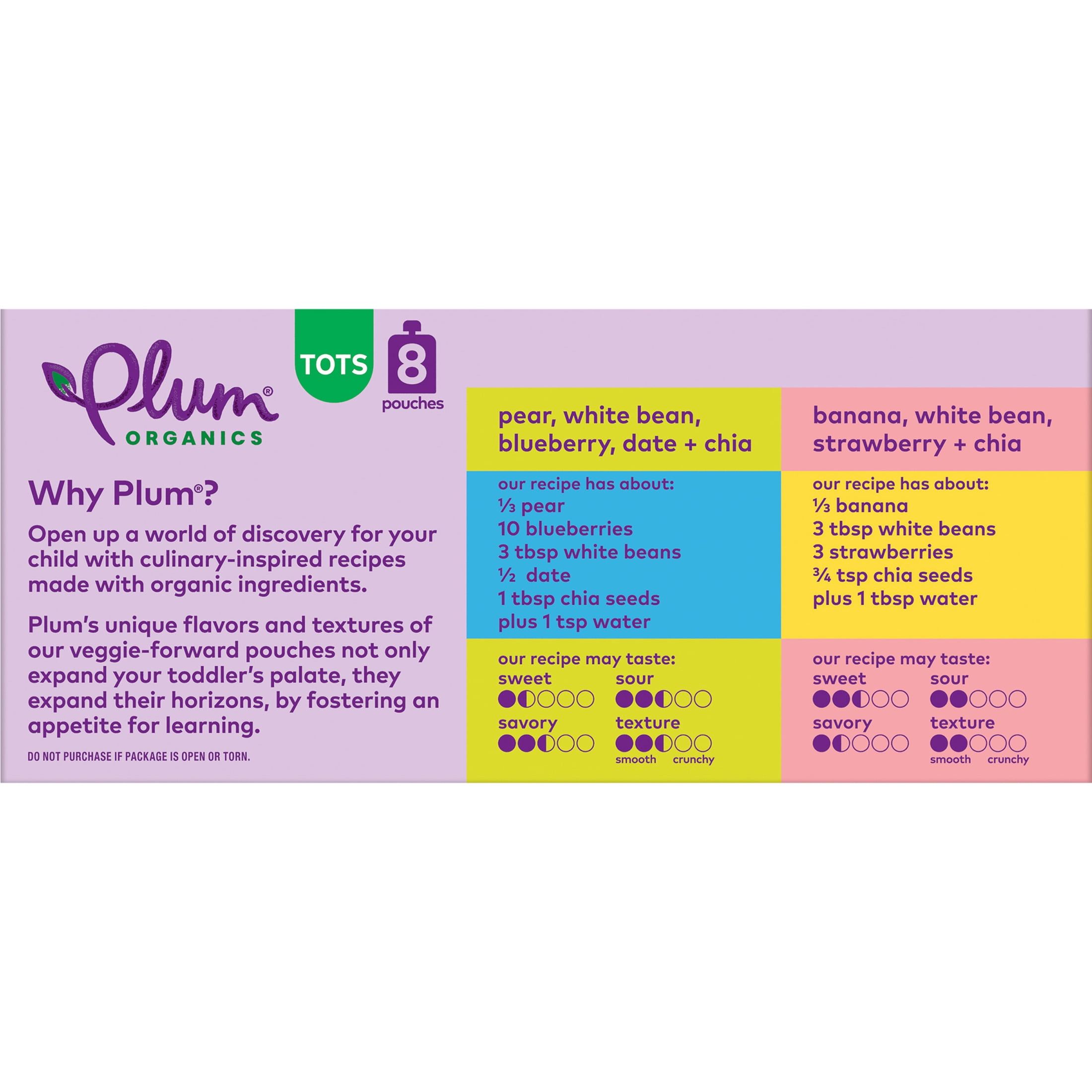 (3 pack) Plum Organics® Tots Mighty Builder Fruit & Veggie Blend Pear, White Bean, Blueberry, Date + Chia & Banana, White Bean, Strawberry + Chia 4oz Pouch-8-Pack