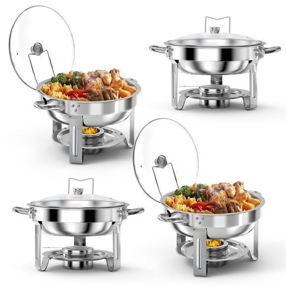 Chafing Dish Buffet Set 4 Pack, 5QT Round Stainless Steel Chafing Dishes for Buffet with Glass Lid & Holder, Chafers and Buffet Warmers Set for Parties, Events, Silver
