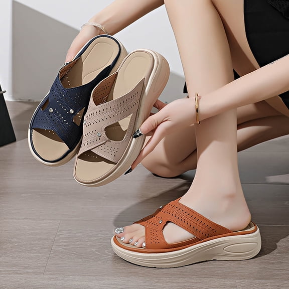 Eltusu Women Wedge Slide Sandals, Slip On Open Toe Soft Bottom Casual Ladies Shoes Orange Size 9