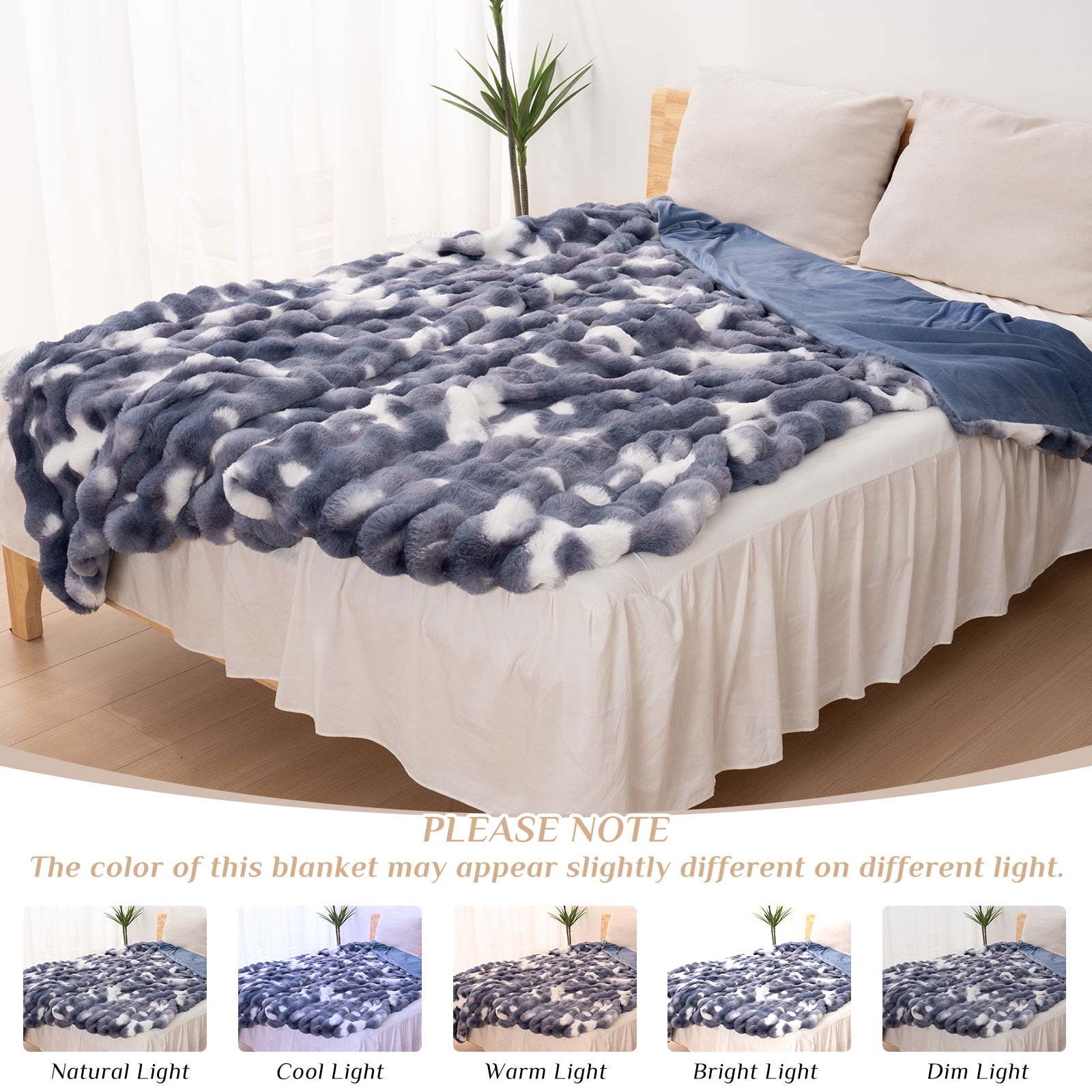 VK·LIVING Thick Ribbed Faux Rabbit Fur Cozy Reversible Throw Blanket,Super Soft 3D Striped Fuzzy Cozy Blankets,Blue,108"x 90"
