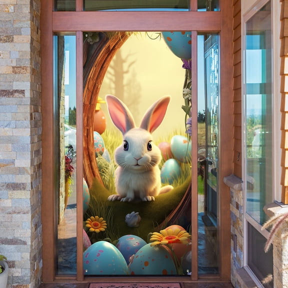 1PCS 35x78Inch EasterRabbit Door Cover Happy Easter Door Decorations Cute Easter Spring RabbitEggs Background Door Cover Easter Front Door Banner Welcome Door Porch Sign Party Supplies Home Decor