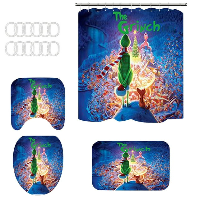 Juego de baño navideño de 4 piezas con estampado de muñeco de nieve navideño, alfombrilla de baño y cortina de ducha, juego de cuatro piezas, juego de baño navideño de Grinch