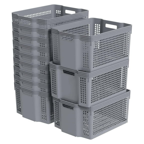 Large Plastic Weave Storage Baskets, Stacking Rectangle Storage Basket Bin for Pantries, Kitchens, Cabinets, Bedrooms, Grey