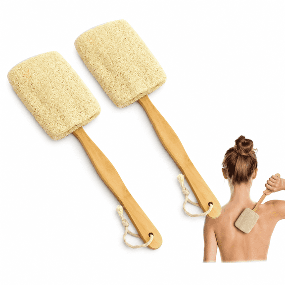 2 Pack Natural Exfoliating Loofah on a Stick, Long Wooden Handle Shower Back Scrubber, Deep Clean Bath Brush for Men, Women, Sensitive Skin