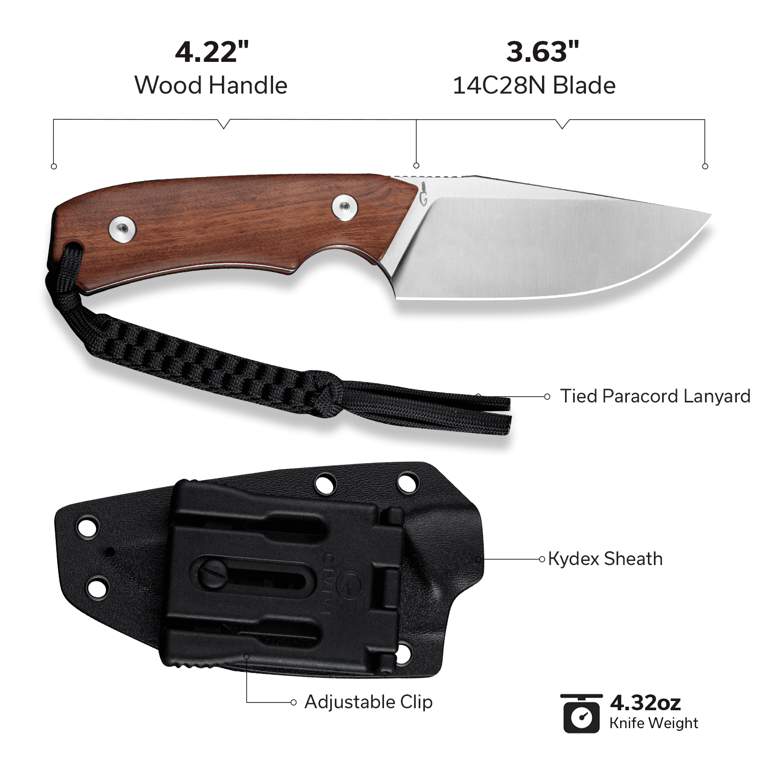 CIVIVI Knives Gander Fixed Blade Guibourtia Wood & 14C28N Stainless Steel Knife C24058B-3