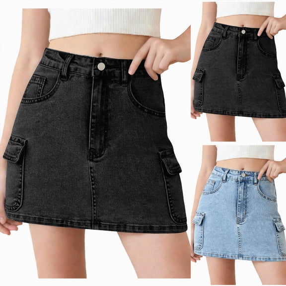 mgoYE Girl Skirts Girl's Denim Skirt Elastic High Waist A Line Skirts with Pockets Cute Preppy Clothes(Black,15-16 Years)