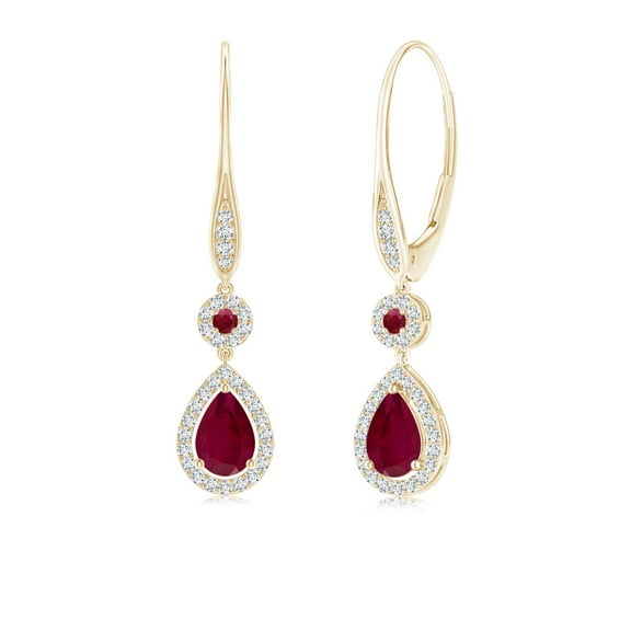 ANGARA Natural Round and Pear Ruby Halo Leverback Earrings in 14K Yellow Gold for Women (Size-6x4mm) | July Birthstone, Birthday, Anniversary, Jewelry Gift for Women | Natural Ruby Earrings