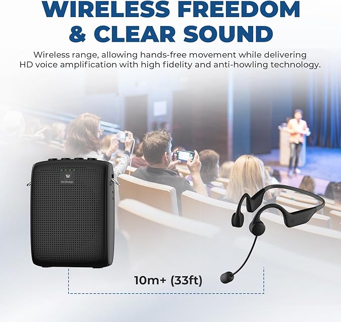 HW HAOWORKS Voice Amplifier Wireless Microphone Earhook, Porable Speaker and Mic, Mini PA System with Crystal-Clear Original Sound, Fitness Ear-Secured Microphone for Public Speaking WB007