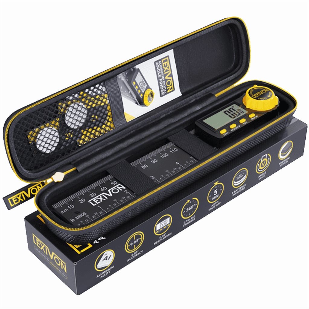 LEXIVON Aluminum Digital Angle Finder Gauge, 7-inch/180mm Multi-Purpose Protractor, Includes XL Display and Rugged Zippered Pouch (LX-DAF7)