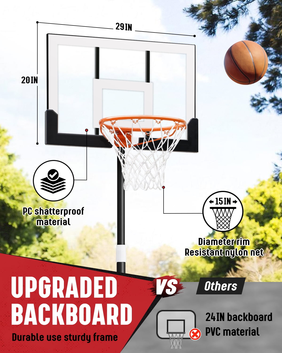 SERAY Adjustable Basketball Hoop for Kids, Teens & Adults, 3.2-7.2 feet Height, Portable Basketball Goal with 29 inch Backboard & 2 Wheels for Indoor & Outdoor Use