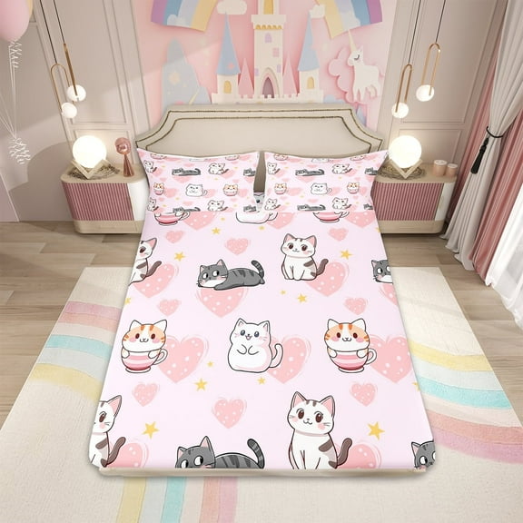 Twin Cartoon Cat Bed Sheets Set for Kids Boys Girls,Lovely Cats Sheet Set,Love Heart Sheets,Cute Kitten Pet Animal Flat Fitted Sheet with 1 Pillowcase,Deep Pockets