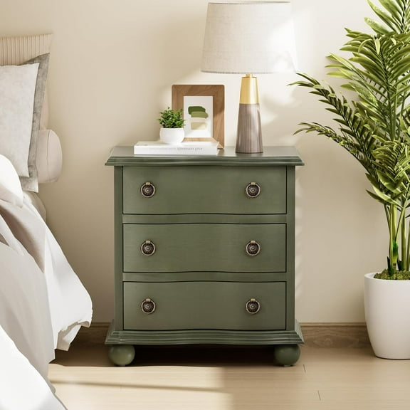 COZAYH Farmhouse 3 Drawer Nightstand with Distressed Wood Finish, Rustic Vintage Dresser with Curved Front Design, Solid Pine Base for Bedroom, Almost Fully Assembly, Transitional (Green)