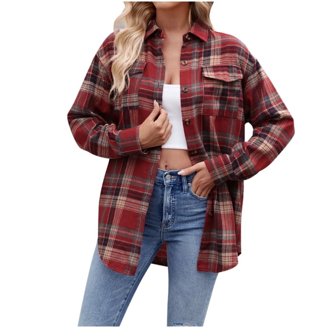 Women's Lightweight Flannel Plaid Button Down Shirts Oversized Long Sleeve Shacket Jacket Tops