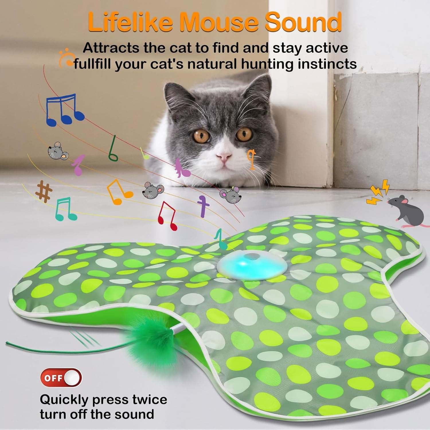 iFCOW Interactive Cat Toys for Indoor Cats Rechargeable, Hide and Seek Interactive Toy with Moving Concealed Feathers, Real Mouse Squeaky, Boredom Relief for Indoor Bored