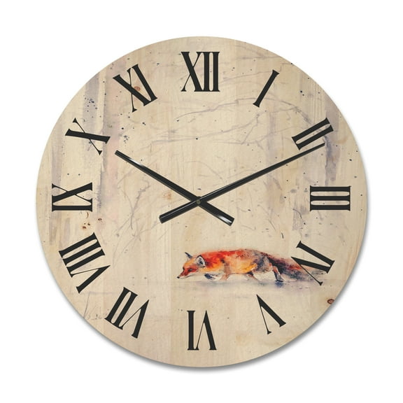 Designart 'Red Fox Running In White Snow in Countryside II' Farmhouse Wood Wall Clock