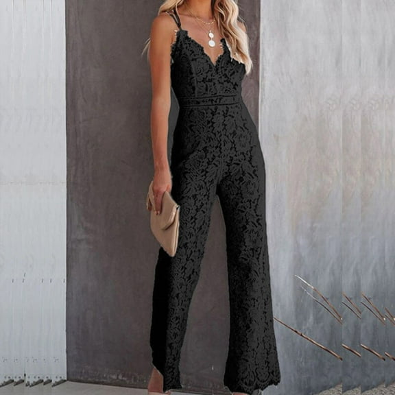 GZWYHT Sets for Women Jumpsuits for Women Women V Neck Strap Jumpsuit Sleeveless Lace Embroidery Suits Club Wear Rompers Lounge Sets for Women Summer Sets for Women Black L