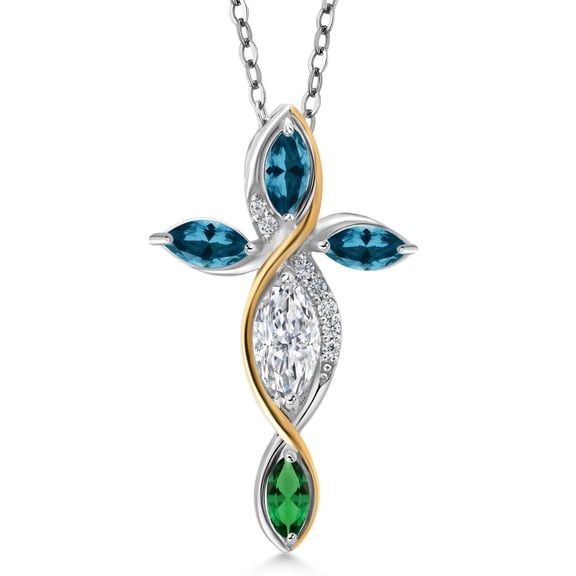 Cross Necklace for Women in 925 Silver and 10K Yellow Gold Lab Grown Diamond and London Blue Topaz and Nano Emerald | 1.56 Cttw | Jesus Christian Religious Crucifix | Marquise 8X4MM | 18 inch Chain