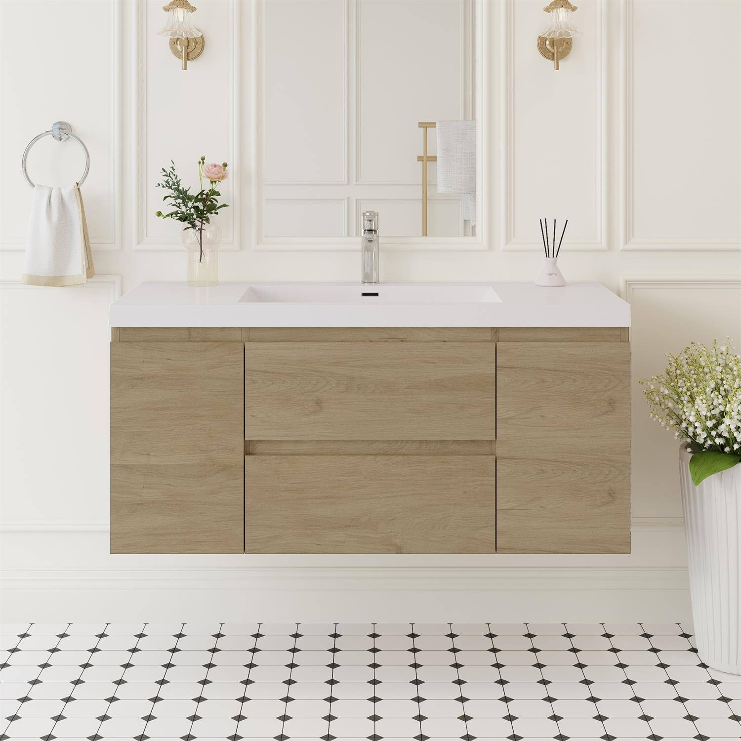 Demi Bonn 48" Floating Bathroom Vanity with Sink, Resin Top Basin and 2 Soft Close Drawers, 2 Storage Cabinet, Faucets and Drains Not Included, Brown