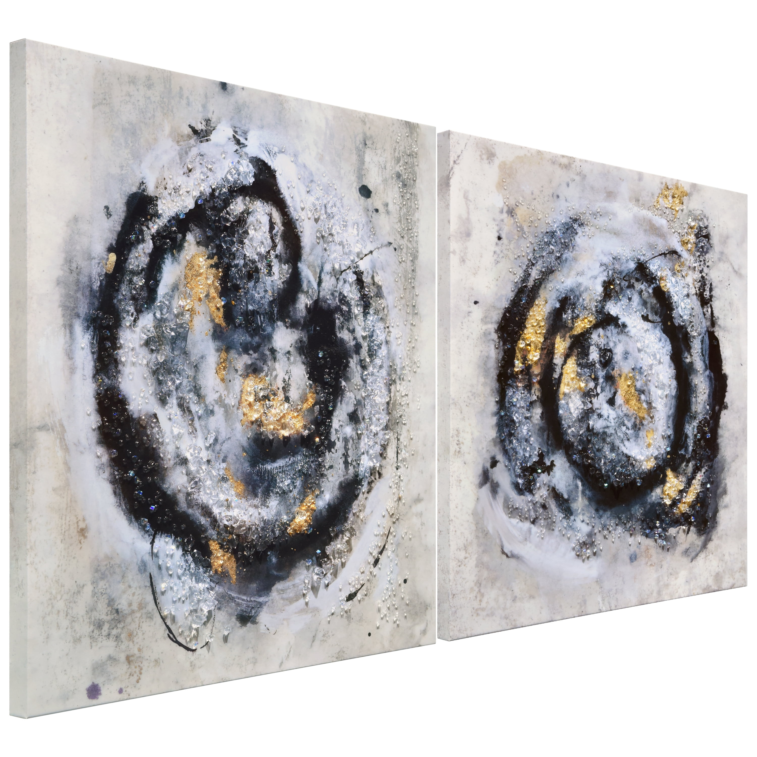 "Cosmic Swirl I & II" Crystallus Epoxy Coated Wrapped Glossy Abstract Canvas Wall Art with Heavy Acrylic Crystal Shards Embellishments, Gold Foil Accents
