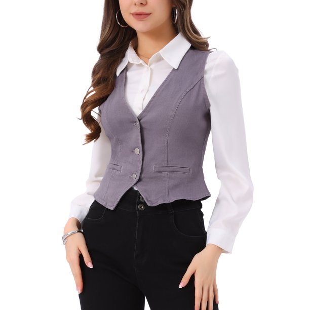 Chaleco de mezclilla sin mangas para mujer INSPIRE CHIC, con cuello en V y botones, casual, color gris