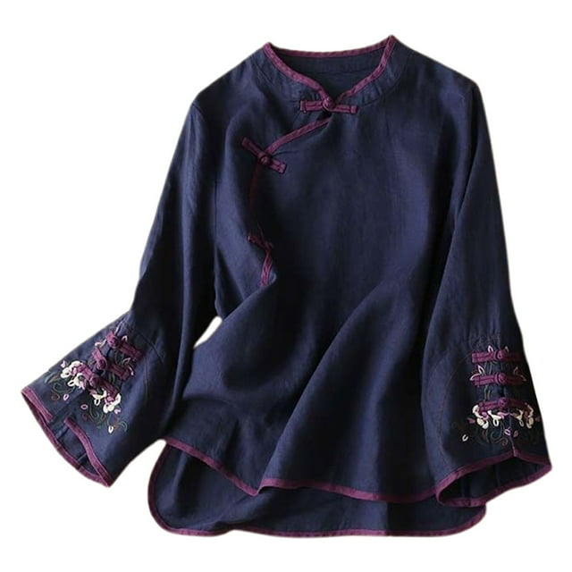 Icvfdpl T-Shirts pour Femmes Printemps Nouveau Style Ethnique Rétro Broderie Ample Chemise à Manches Longues Décontractée TG
