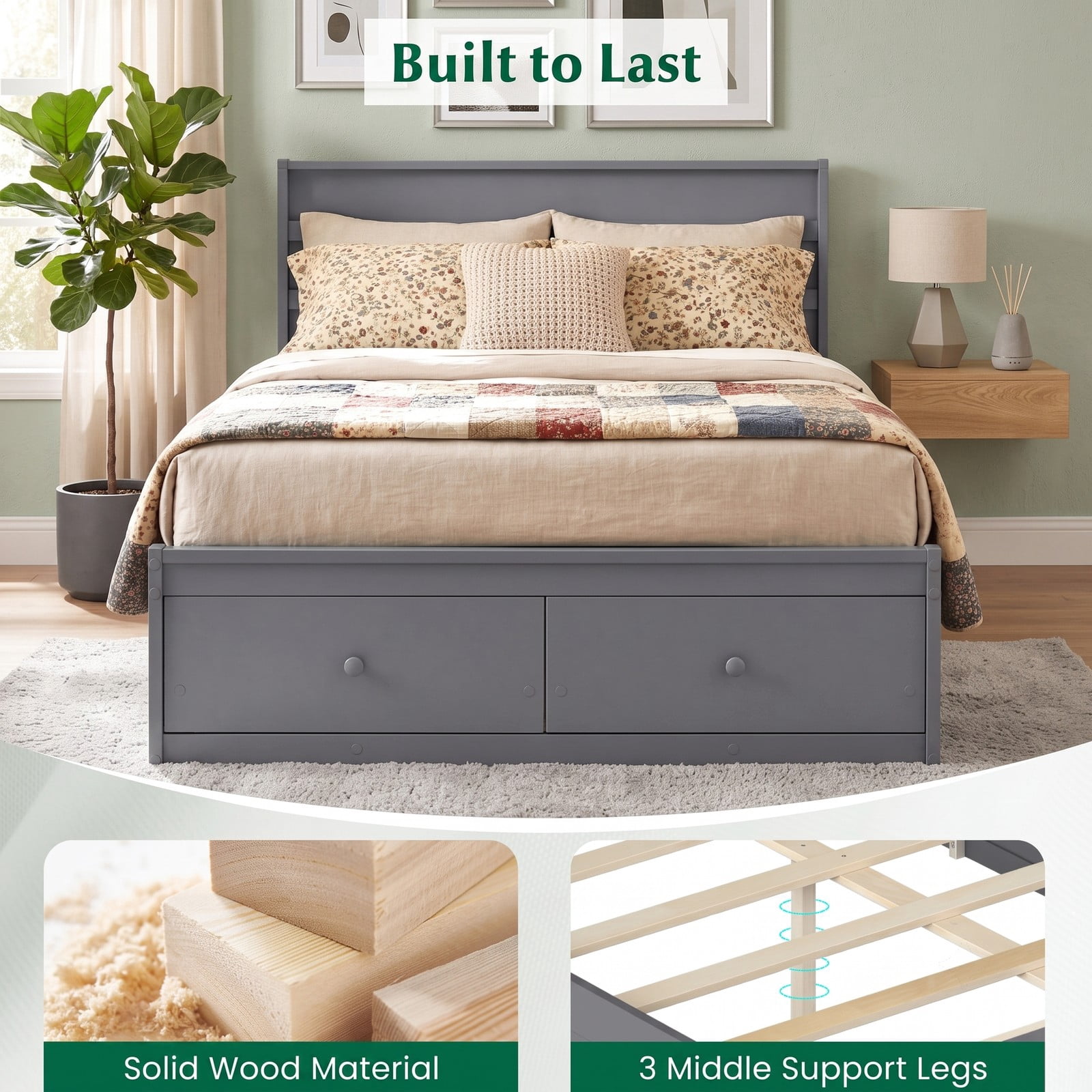 Furnibear Full Size Bed Frame with Storage, Wooden Platform Bed with Plank Headboard and 2 Storage Drawers, Gray