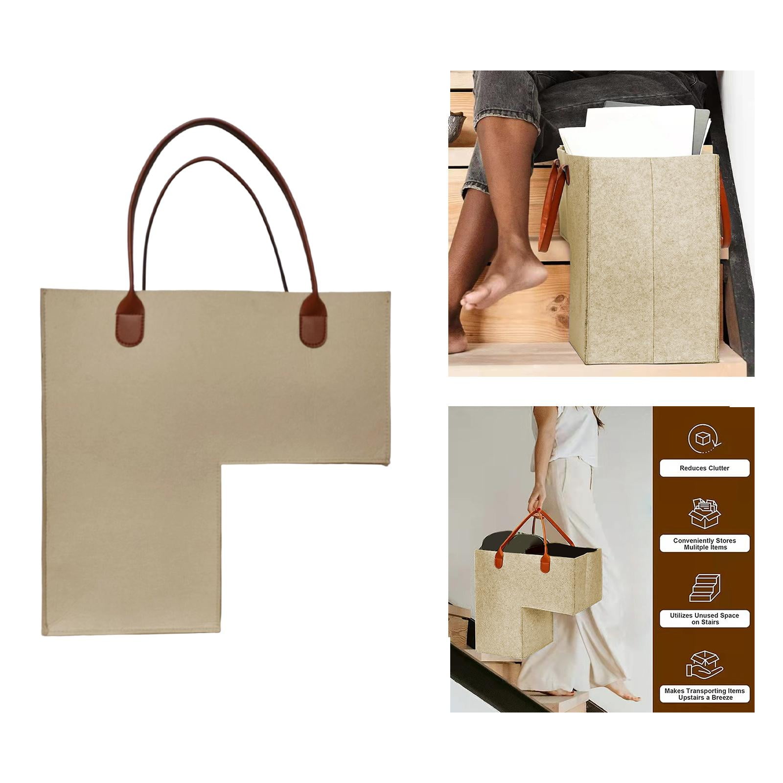 Menolana Stair Basket for Carpeted Stairs and Wooden Stairs, Felt Staircase Storage Organizer with Handles for Laundry, Toys beige