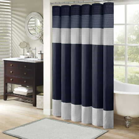 Salem Polyester Shower Curtain Navy: Madison Park, Faux Silk Stripe, Machine Washable, Buttonhole Top