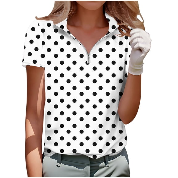 Lpmadey Women's Polka Dot Zip Neck Short Sleeve Polo Shirt - Casual Golf Top for Spring & Summer
