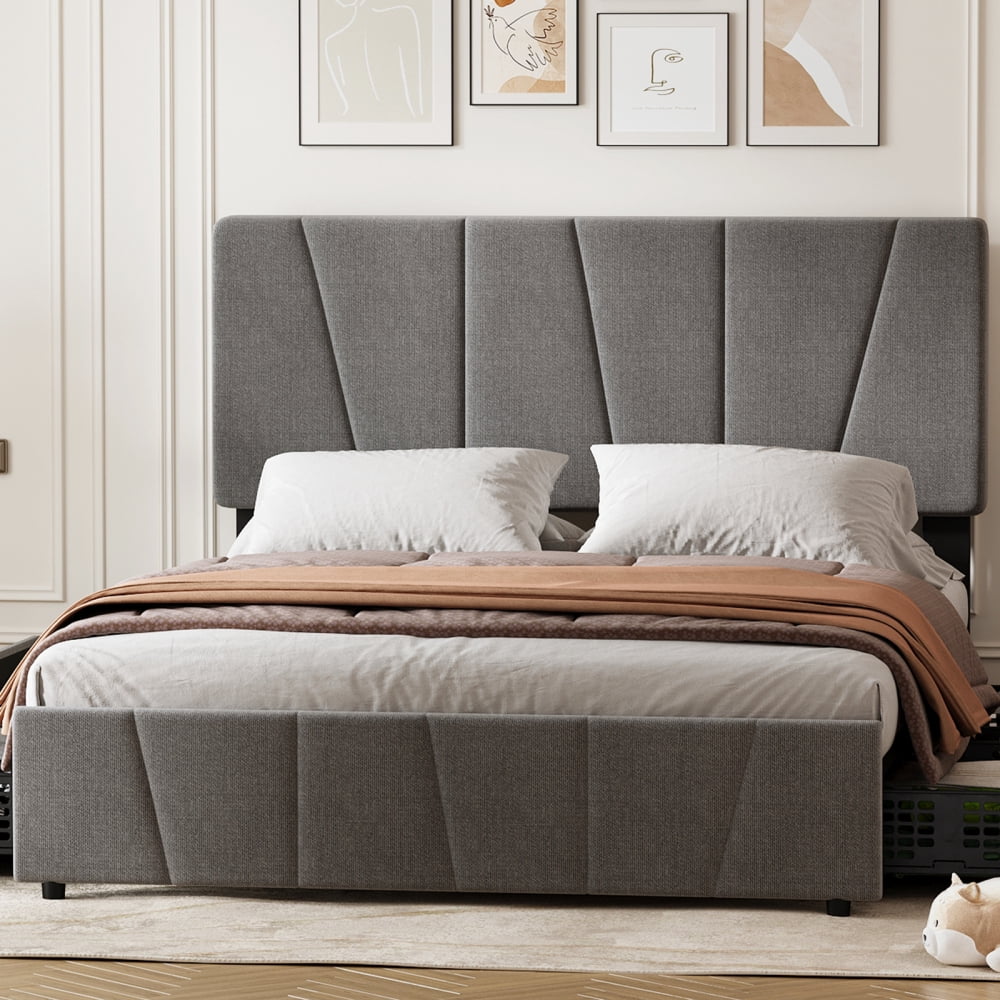 Eastvita King Size Upholstered Platform Bed Frame with 2 Storage Drawers and Adjustable Headboard, Wooden Slats Support, No Box Spring Needed