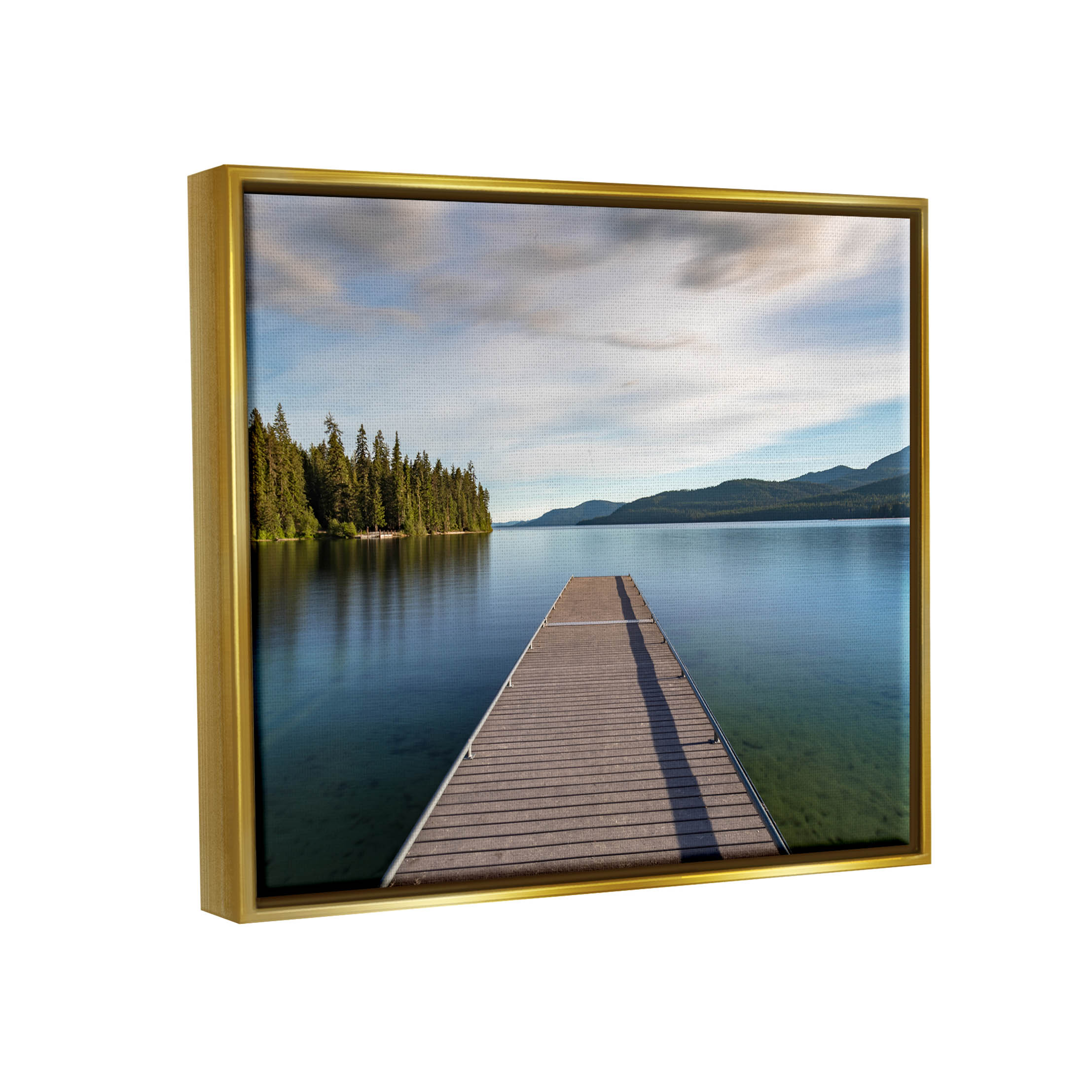 Soothing Lake Dock Mountains Landscape Photograph Metallic Gold Framed Art Print Wall Art