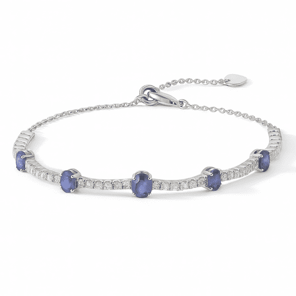Blue Sapphire Adjustable Bracelet Oval 1.1 ct White Zircon 925 Sterling Silver Anniversary Gift for Wife