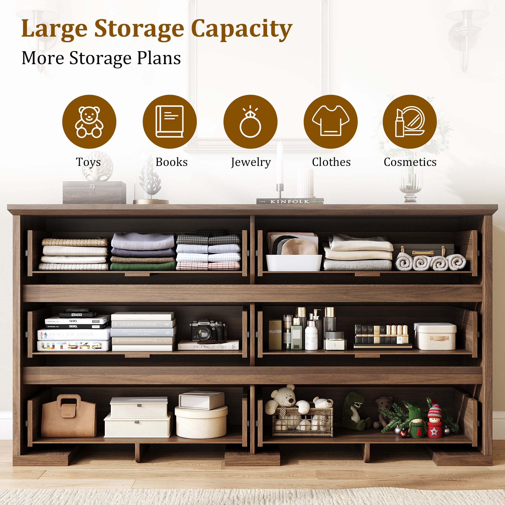 Aufeile Farmhouse Dresser for Bedroom, 54" Wide 6 Drawer Dresser with Carved Panels, Rustic Wooden Chest of Drawers, Long Bedroom Dresser Storage Cabinet for Living Room, Walnut