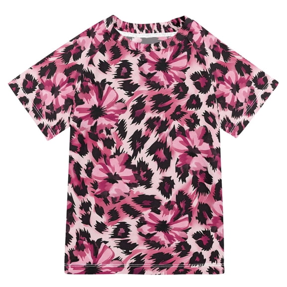 FORMRS Boys Rash Guard Short Sleeves Swim Shirt Quick Dry UPF 50 Sun Protection, Sizes 3-12T, Pink Floral Leopard Pattern
