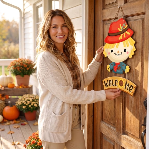 ShengapQ Fall Scarecrow Wooden Welcome Door Hanger, Thanksgiving Home Front Door Decor, Indoor Outdoor Ornament, Rustic Farmhouse Style Welcome Sign, Holiday Decoration for Thanksgiving