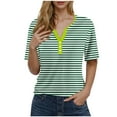thumbnail image 1 of Camiseta de Manga Corta para las Mujeres con Cuello en V de Impresión de Rayas con Botón, Blusa Casual para el Hogar Y Diario, 1 of 5