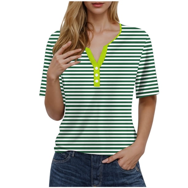Camiseta de Manga Corta para las Mujeres con Cuello en V de Impresión de Rayas con Botón, Blusa Casual para el Hogar Y Diario