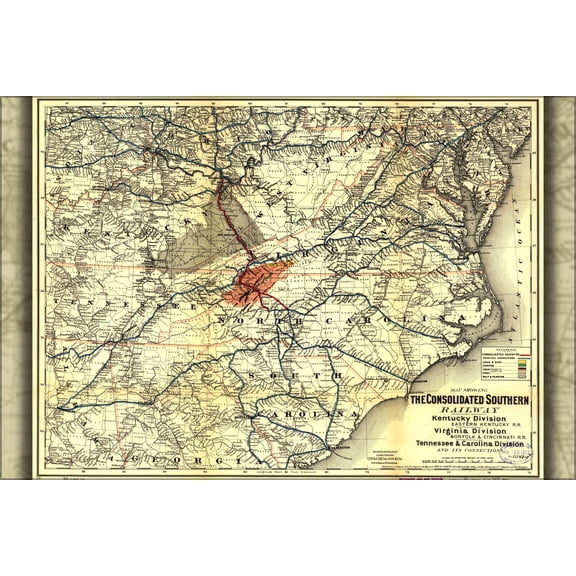 24"x36" Gallery Poster, Map Consolidated Southern Railroad Kentucky 1883
