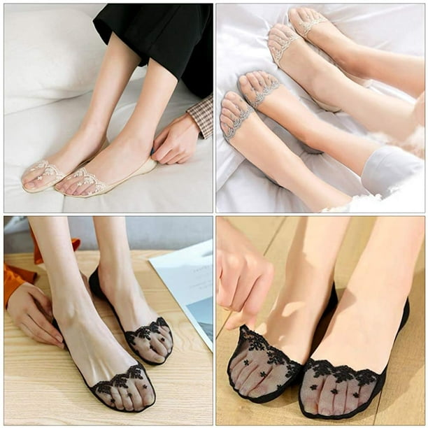 HTOOQ Womens Lace No Show Socks Boat Liner Socks Non Slip Hidden Invisible Socks For Women Summer Heel Sandals 4 Pairs